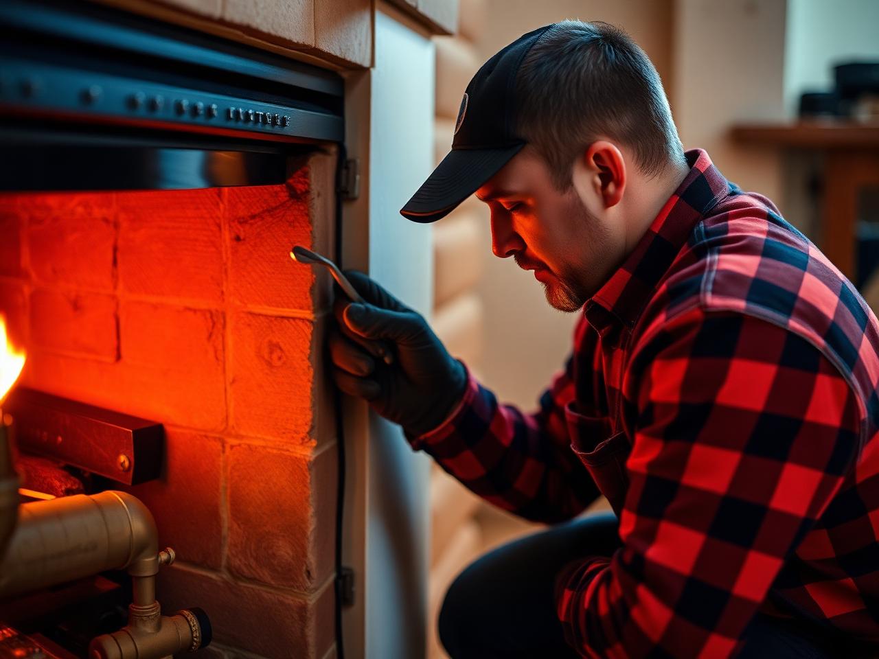 Technician installing gas fireplace